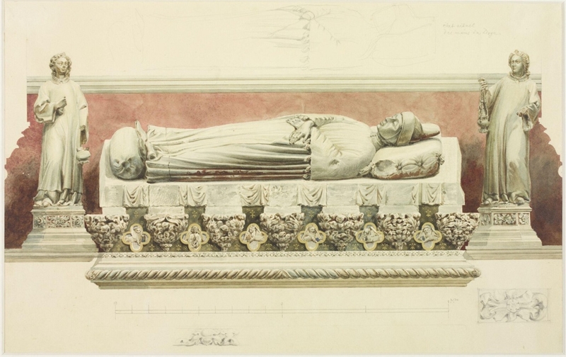 Effigy on the Monument to Doge Michiel Morosini  (1382) with pencil sketches of details of tomb in the  Church of SS Giovanni e Paolo, Venice.