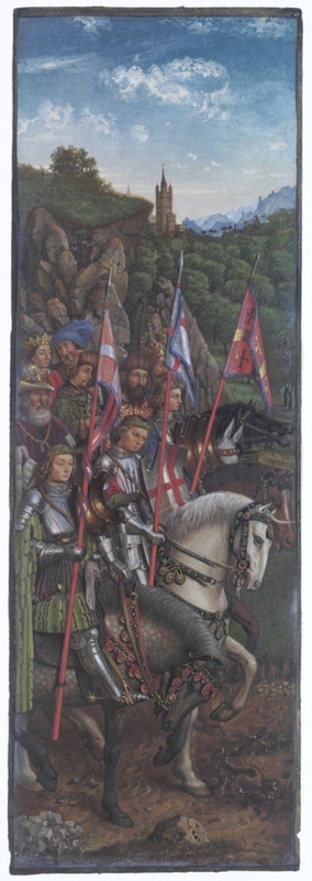 Copy of a detail of the Ghent Altarpiece, Knights of Christ, by Hubert and Jan van Eyck in the church of St. Bavon, Ghent.