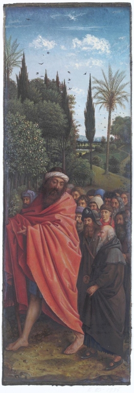 Copy of a detail of the Ghent Altarpiece, The  Hermits, by Hubert and Jan van Eyck in the church of St. Bavon, Ghent.