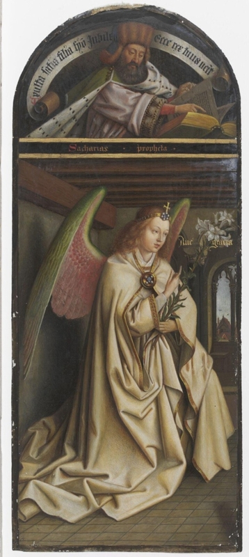 Copy of detail of the Ghent Altarpiece, Virgin Annunciate and Prophet, by Hubert and Jan van Eyck in the church of St Bavon, Ghent.