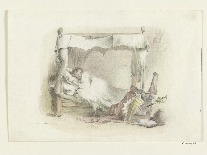 Sketch of a man lying in a shabby four-poster bed