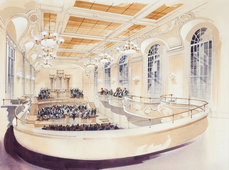 Ideas for a Proposed Refurbishment of the Dukes Hall, Royal Academy of Music, from the Upper Balcony