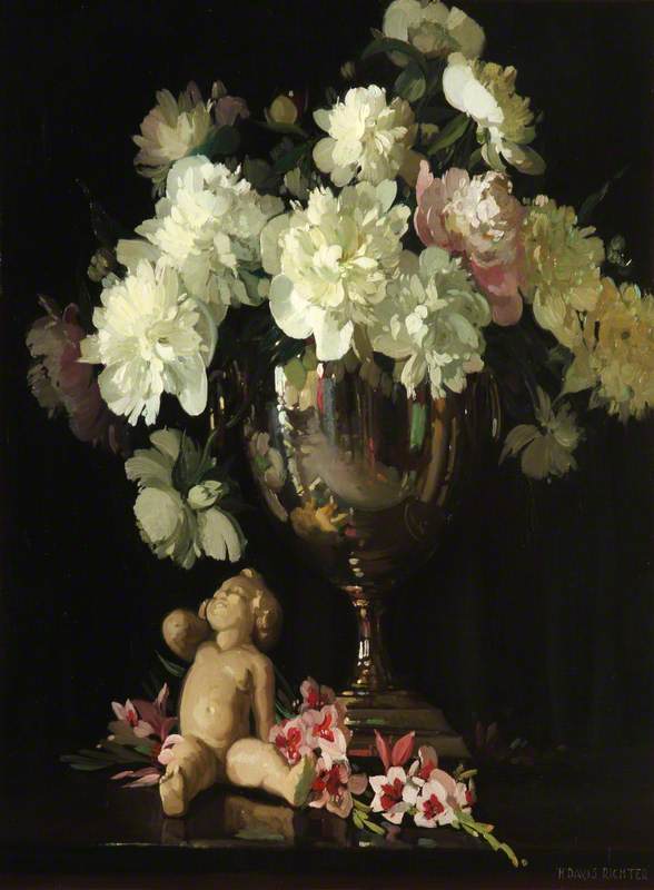 Still Life of Flowers in a Vase with Stone Putti