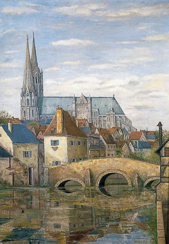 Chartres Cathedral, France, with a Bridge over the River Eure