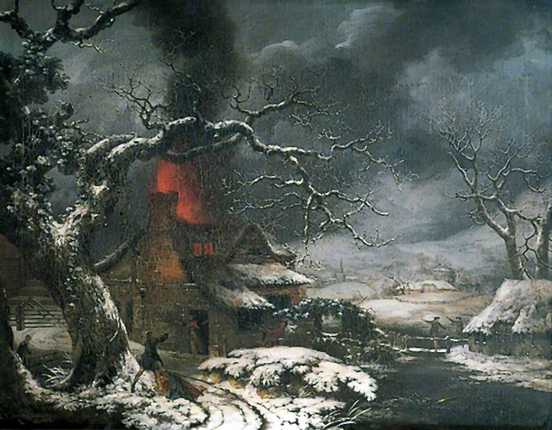 Wintry Scene with a Burning Cottage in the Foreground