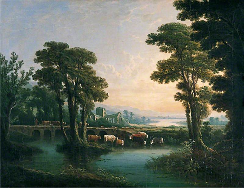 River with Cattle Drinking, a Ruined Church and a Bridge