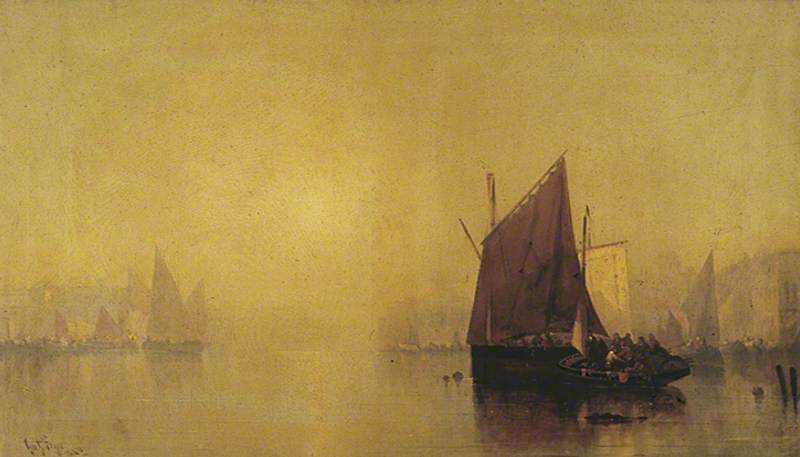 Imaginary Seascape, Ships in Harbour Sunset