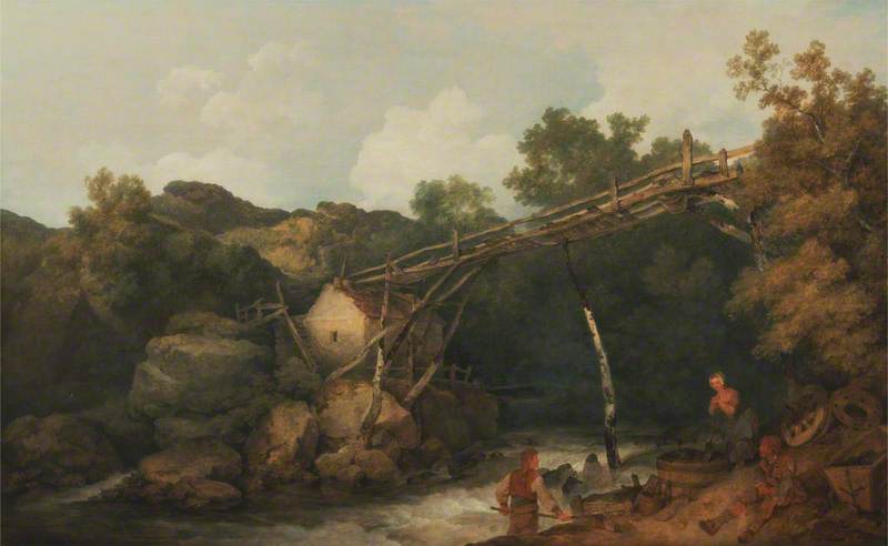 A View near Matlock, Derbyshire with Figures Working beneath a Wooden Conveyor
