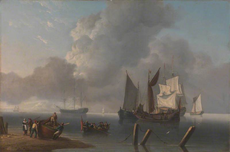 Warships Lying Offshore, the Commanding Admiral Being Rowed out to Join the Flagship, Her Sails Illuminated by a Break in the Clouds