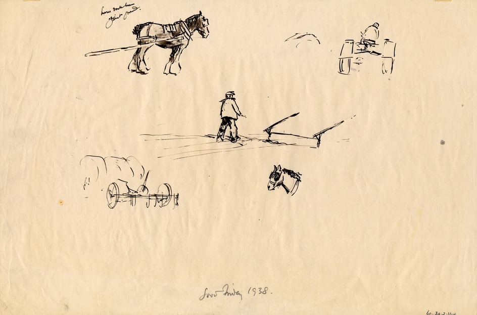 Sketch of Horses, Men and Tractor