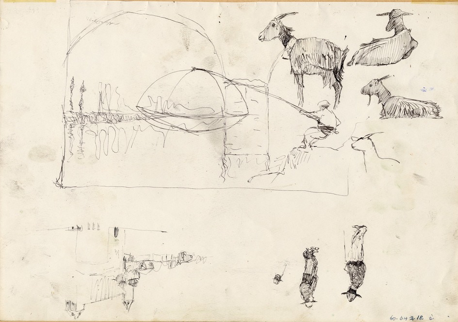 Sketches of Goats, of a Man Fishing, Figures and Buildings & Verso: a Bridge