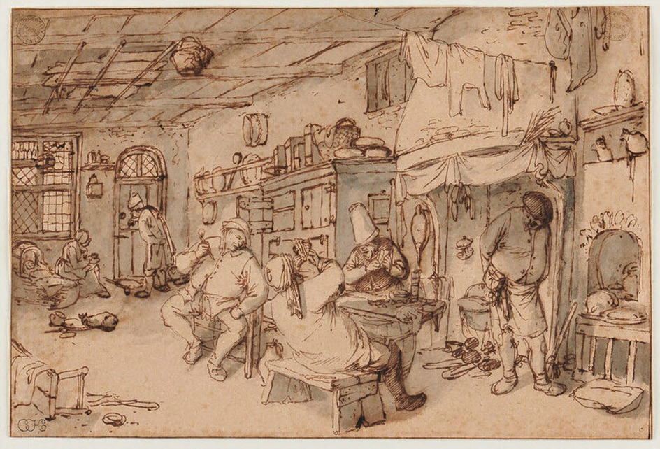 A farmhouse Kitchen with Peasants playing Cards