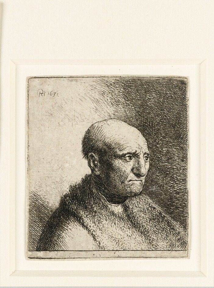 Bald man in a fur cloak: bust