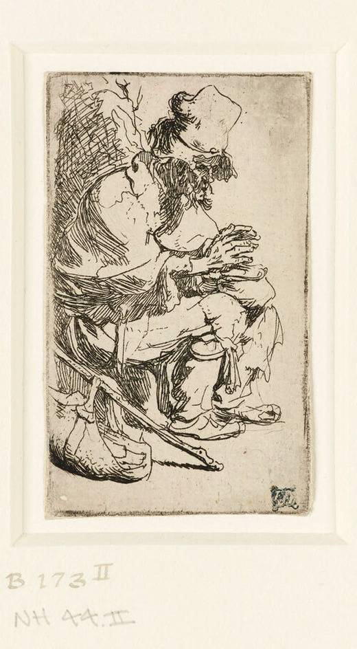 Beggar seated warming his Hands at a chafing Dish