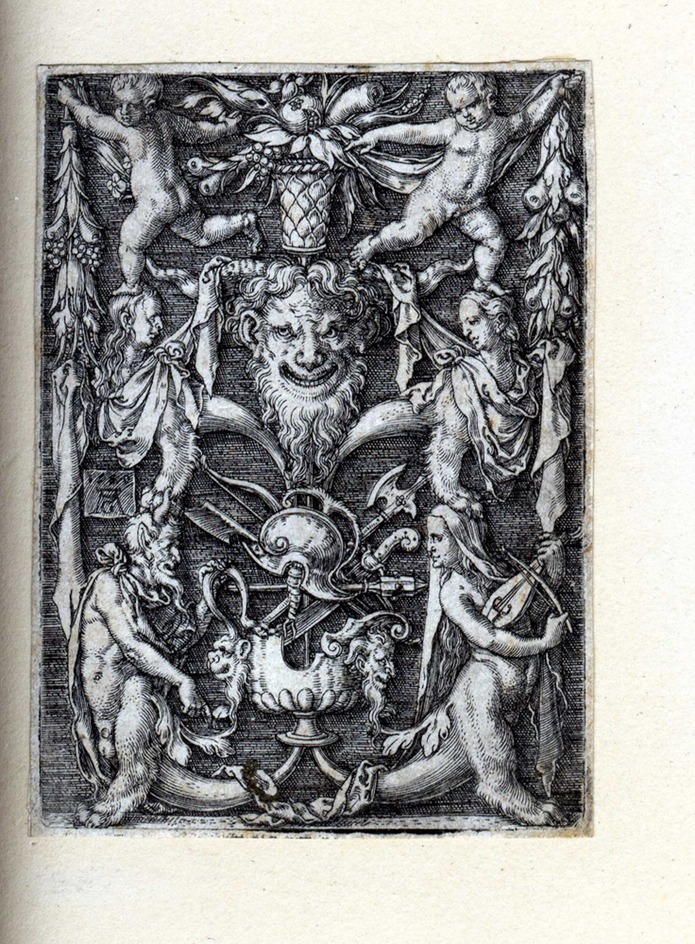 Ornamental design with a couple of satyrs, children and a trophy