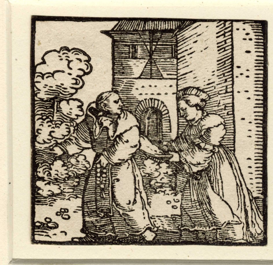 Monna Belcolore holding the priest's garment as pledge