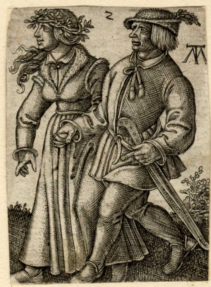 Peasant couple walking to left