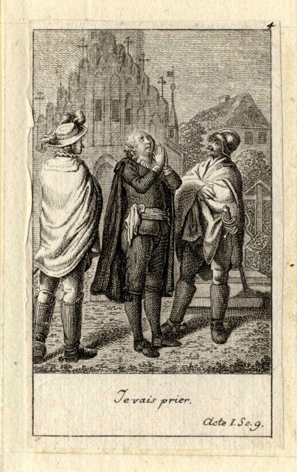 Hamlet praying with Marcellus and Horatius staring at him