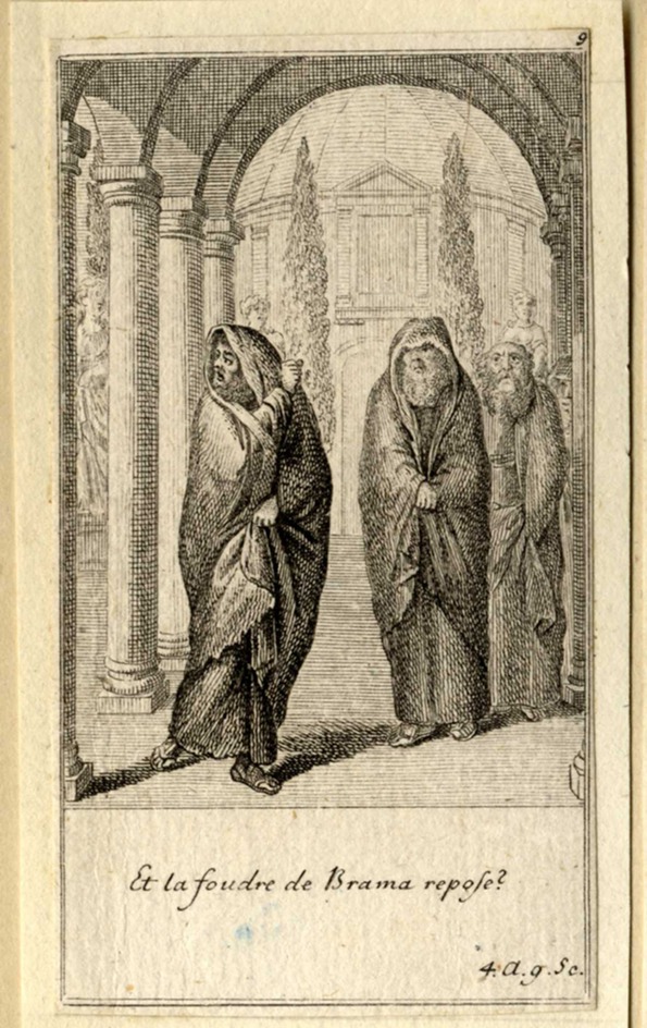 A hooded man turning away from two old men