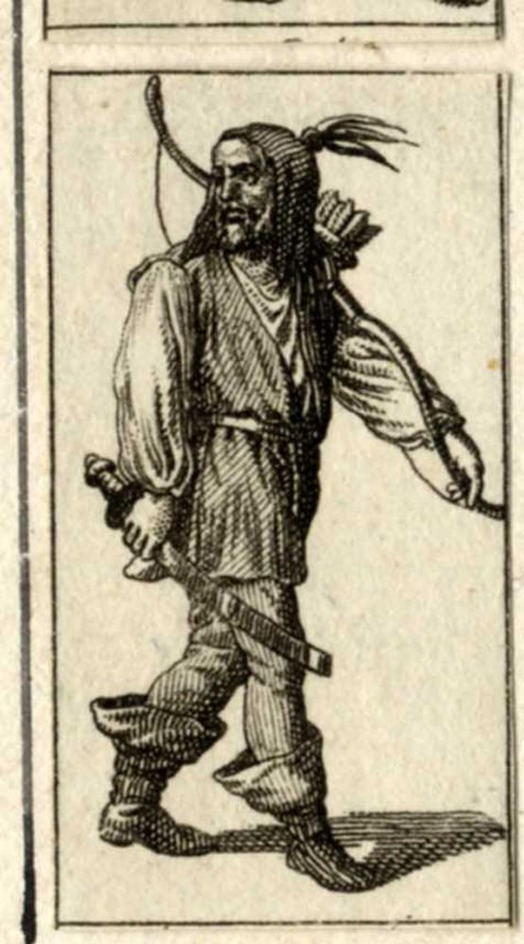 A Native American with bow, quiver and sword