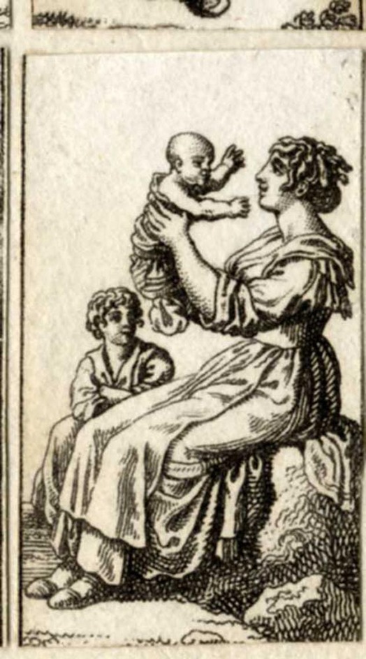 A seated woman holding a baby, a children next to her