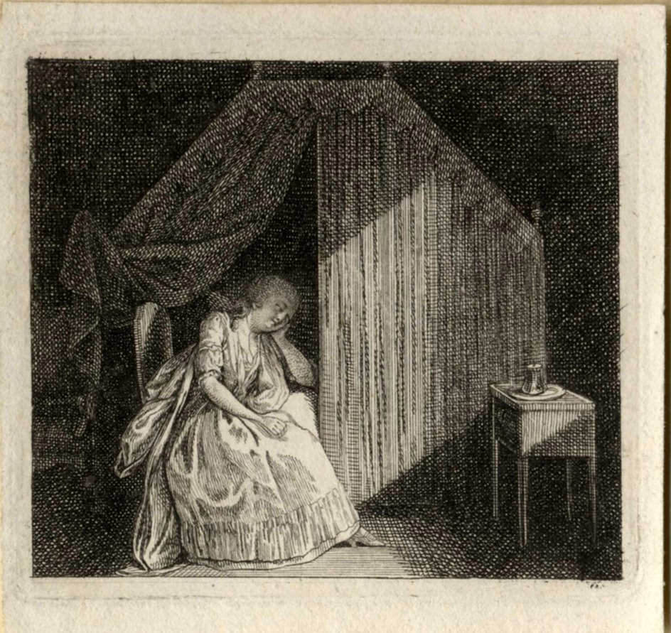 Elise asleep in a chair next to her bed