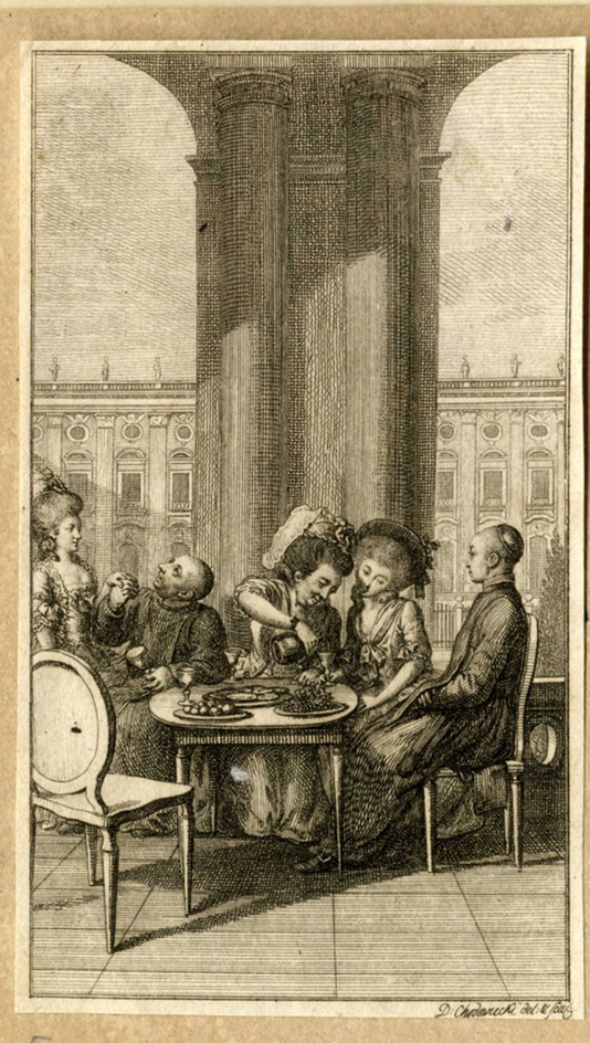 Two monks seated underneath a colonnade in the company of three women