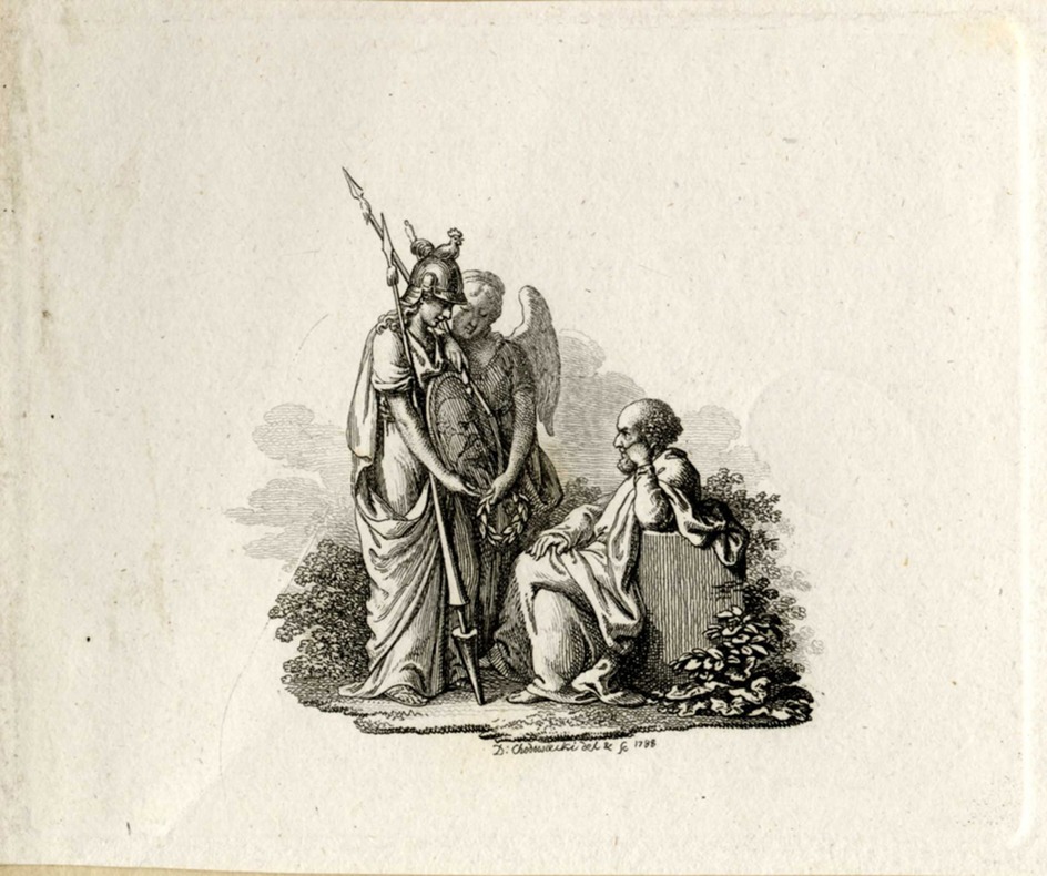 Socrates looking at his reflection in the shield held by Minerva and Victory
