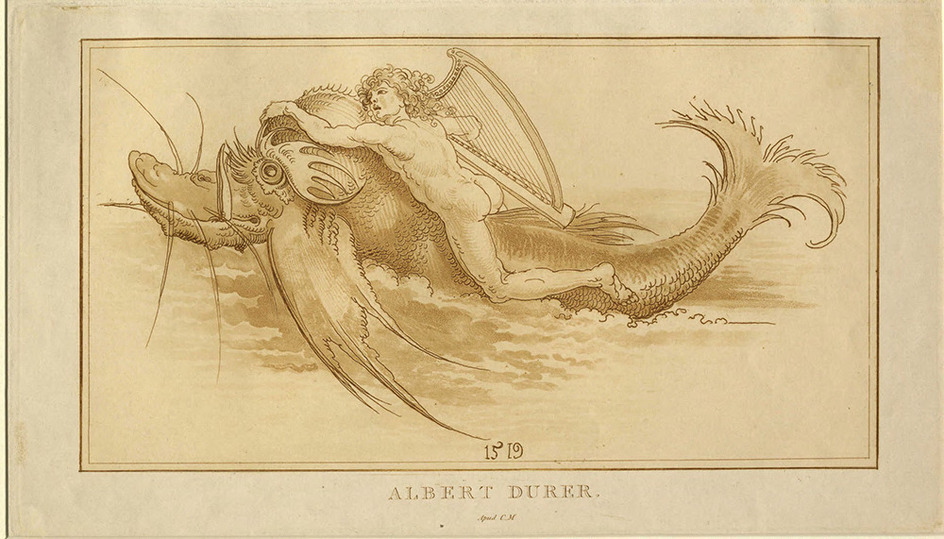 A genius with a harp riding on the back of a sea-monster
