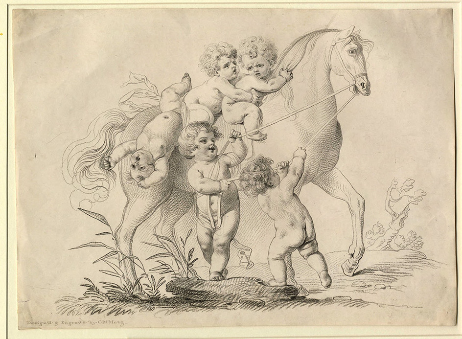 Five putti playing at horse-riding