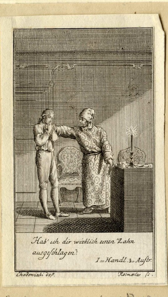 A man with a finger in his mouth and another man in his night gown