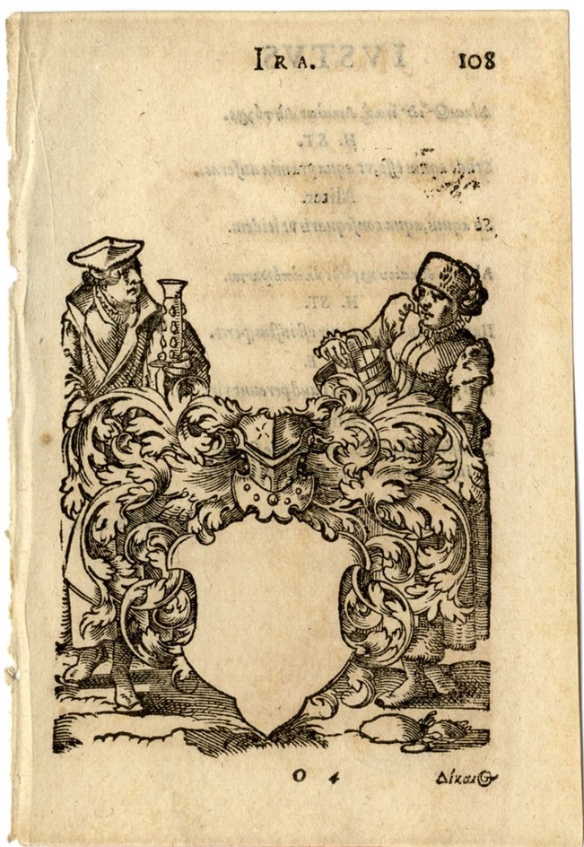 Recto: Empty shield flanked by a scholar with a glass and a maid with a bucket
Verso: Latin and Greek text