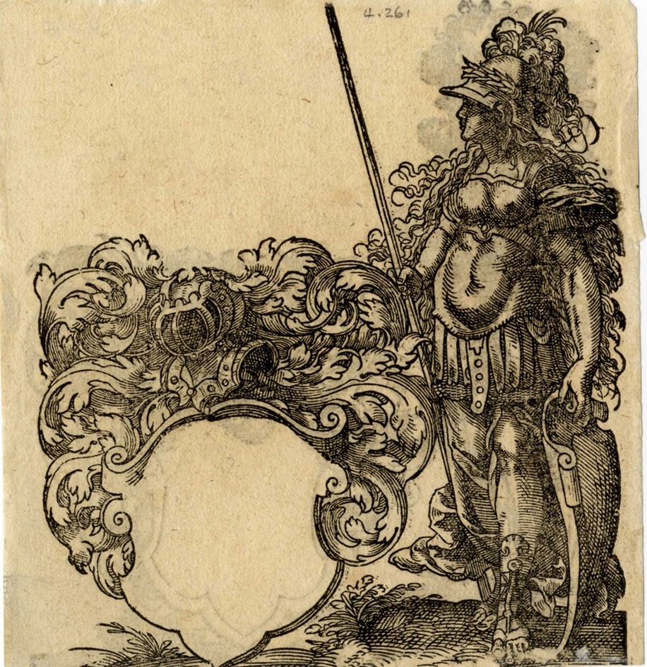 Recto: A Woman in Armor Beside a Blank Escutcheon
Verso: A Knight in a Feathered Helmet Beside a Blank Escutcheon