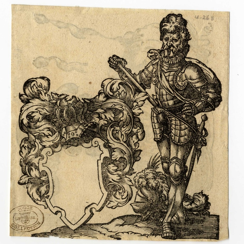 Recto: A Man-at-Arms Standing Beside a Helmet and a Blank Escutcheon
Verso: Woman with a Double Pennant Beside a Blank Escutcheon