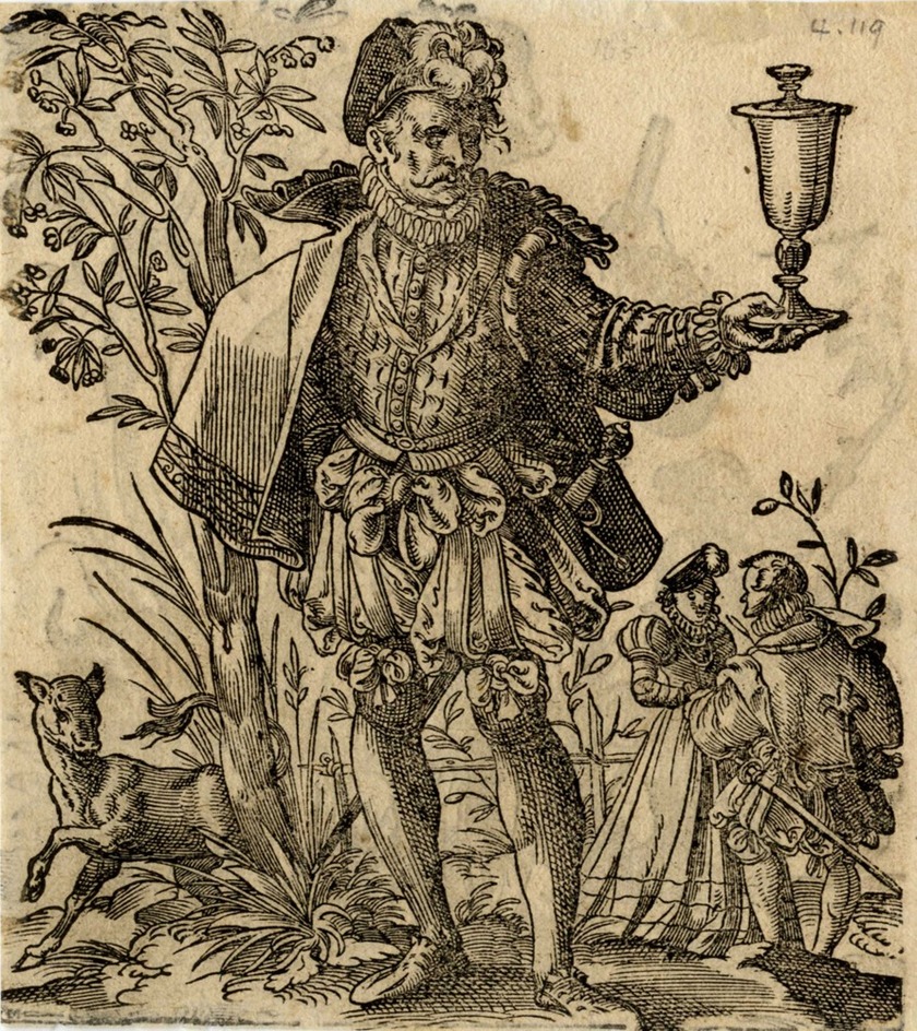 Recto:A Man with a Covered Goblet, a Faun and Lovers in the Background
Verso: A Hunter with a Dog and Bull, a Horseman Firing a Pistol in the Background