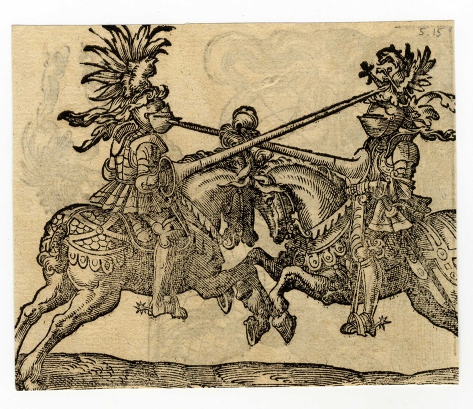 Recto: A Joust with Lances Posed on the Combatant's Helmets
Verso: A Jouster Charging to the Right