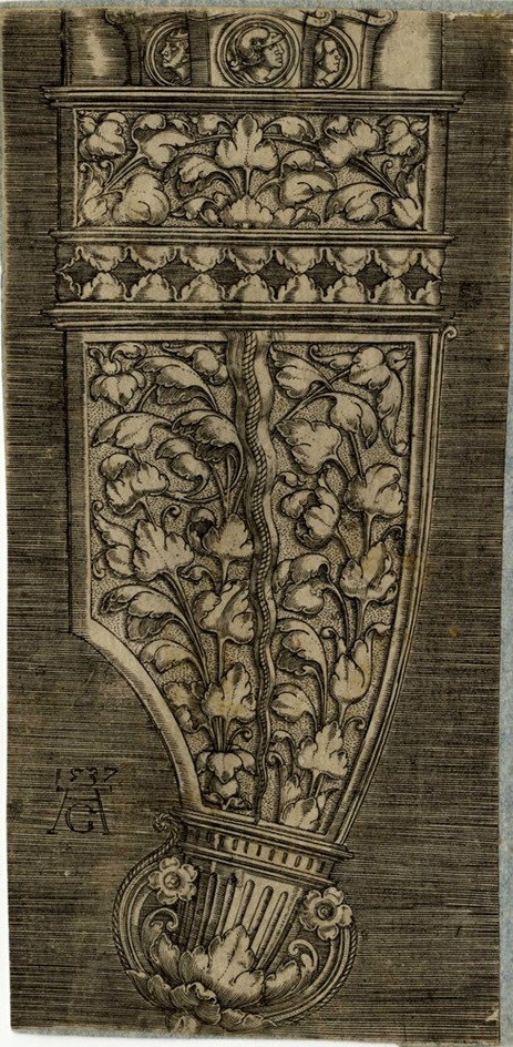 Design for the tip of a dagger sheath with three medallions above