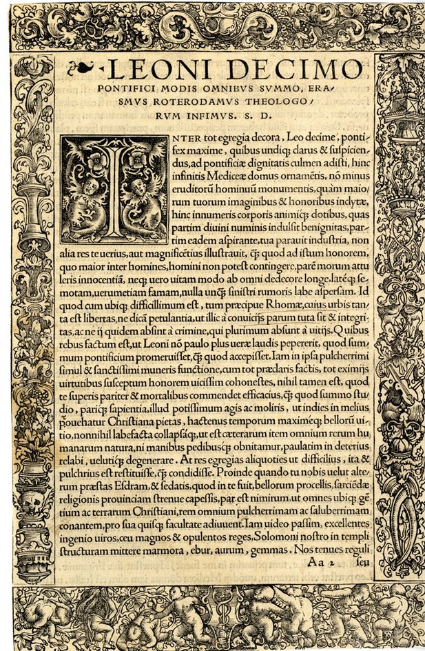 Book-page with border with strapwork, putti and the initial I