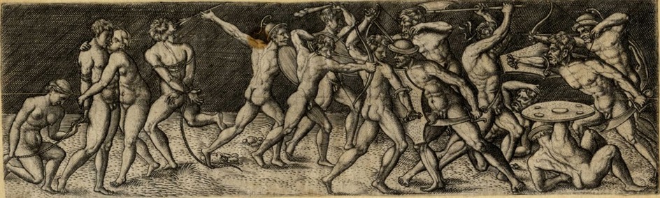 Fight between eleven naked warriors in various contortions