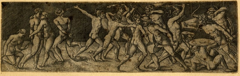 Fight between eleven naked warriors in various contortions