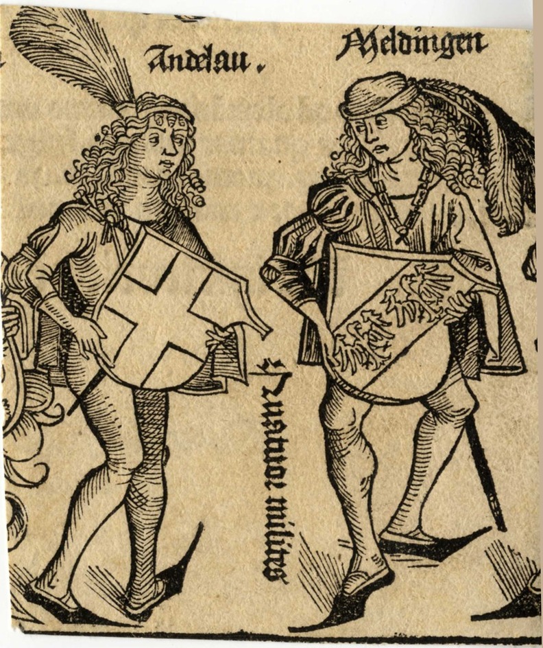 Two German noblemen presenting their coats of arms