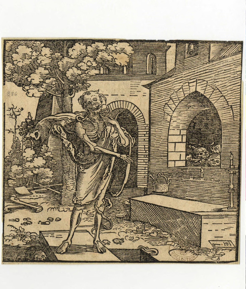 Recto: Death standing on the slab of a tomb
Verso: The last judgement