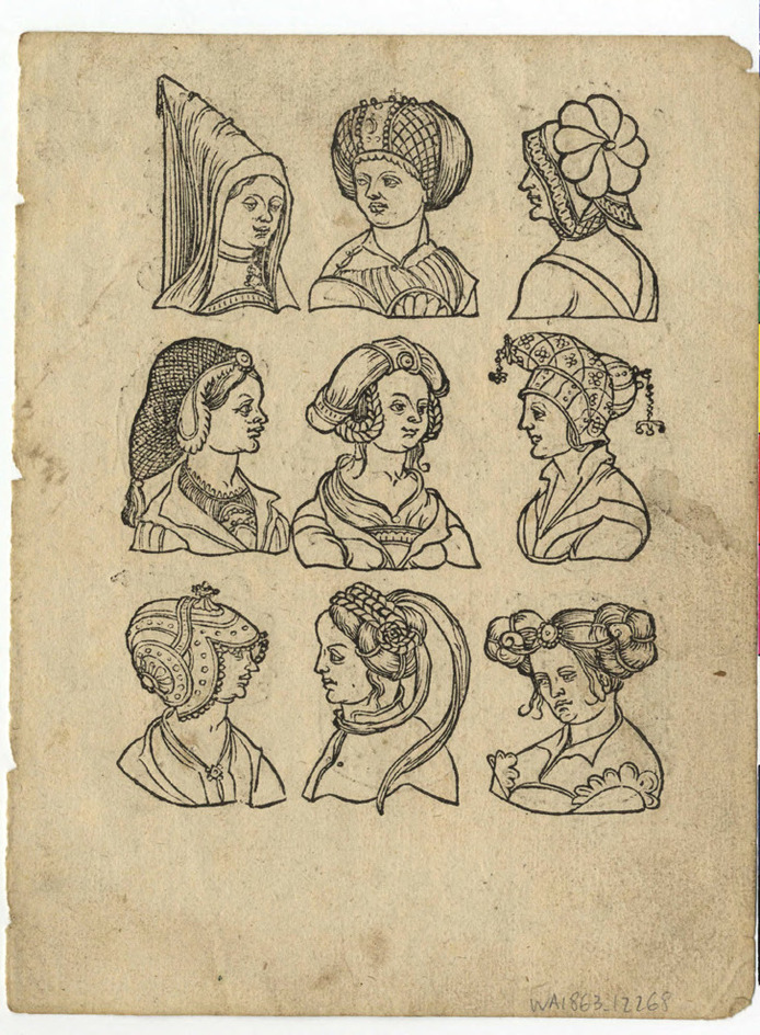 Recto: Nine women's headdresses
Verso: Nine women's headdresses