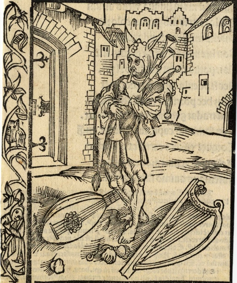 Recto: A fool playing bagpipes, with a lute and a harp on the ground
Verso: Letterpress