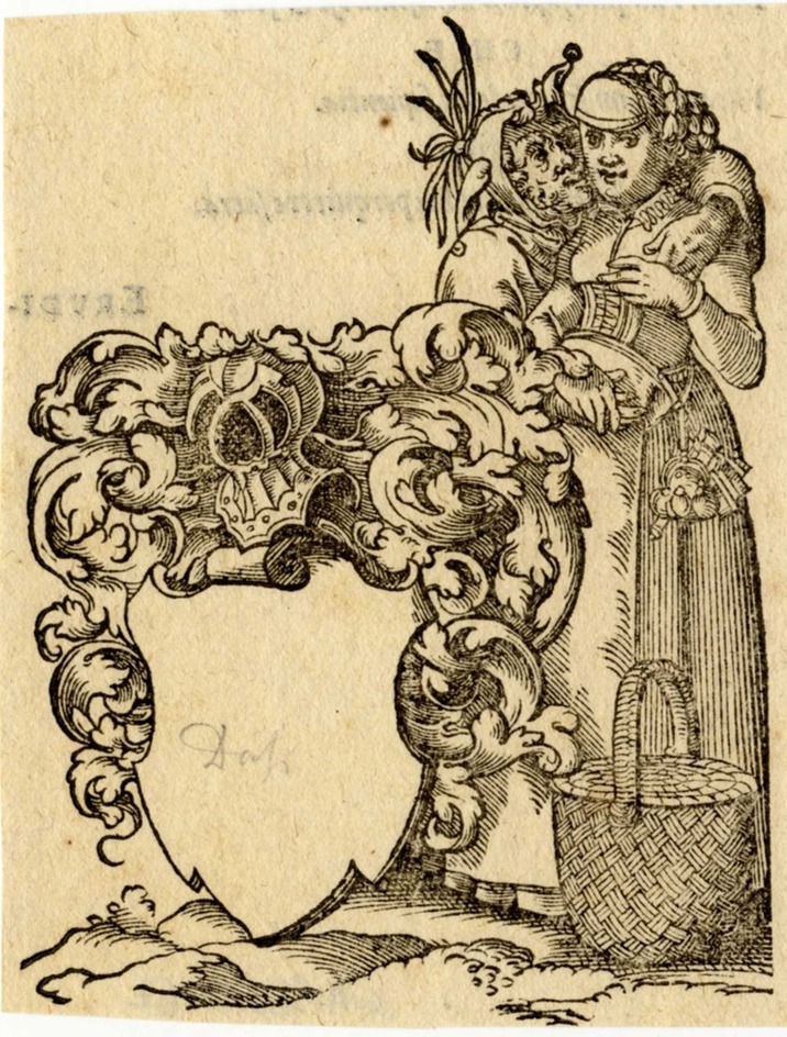 Recto: Empty shield, on the right a fool caressing a maid
Verso: Latin text