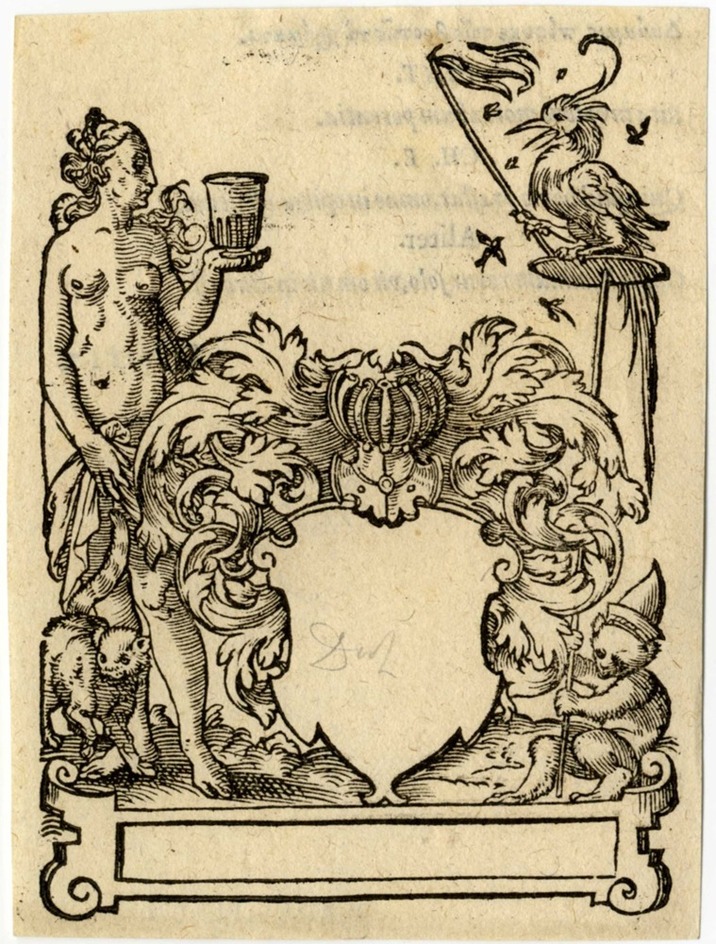 Recto: Empty shield, on the left a female nude with a glass, on the right a parrot catching flies, below an empty cartouche
Verso: Latin text