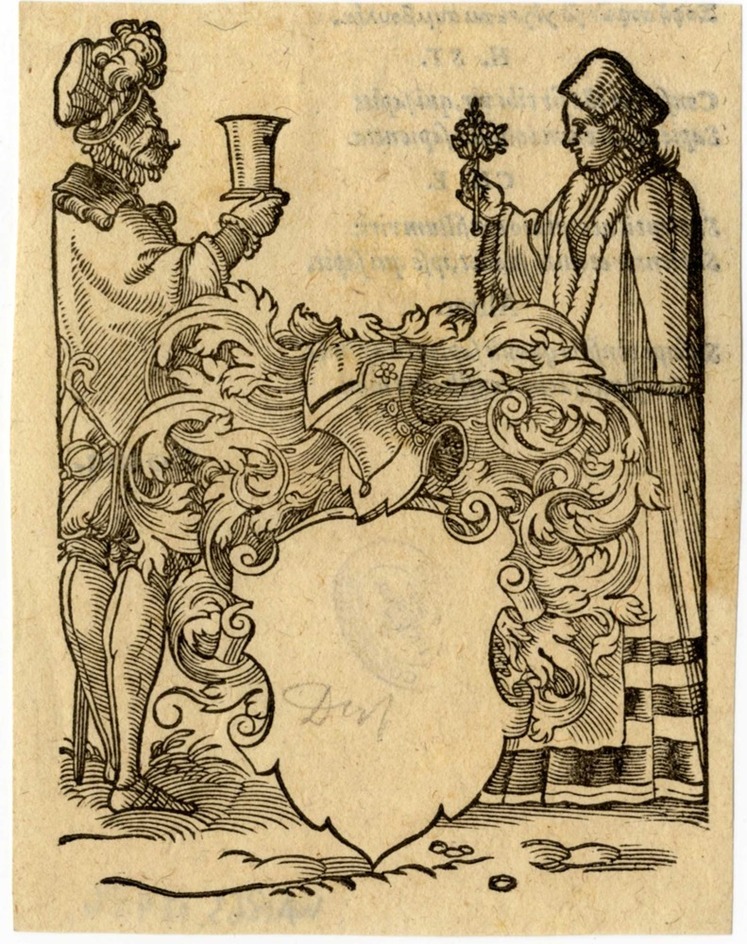 Recto: Empty shield flanked by a man with a goblet and a woman holding flowers
Verso: Latin and Greek text