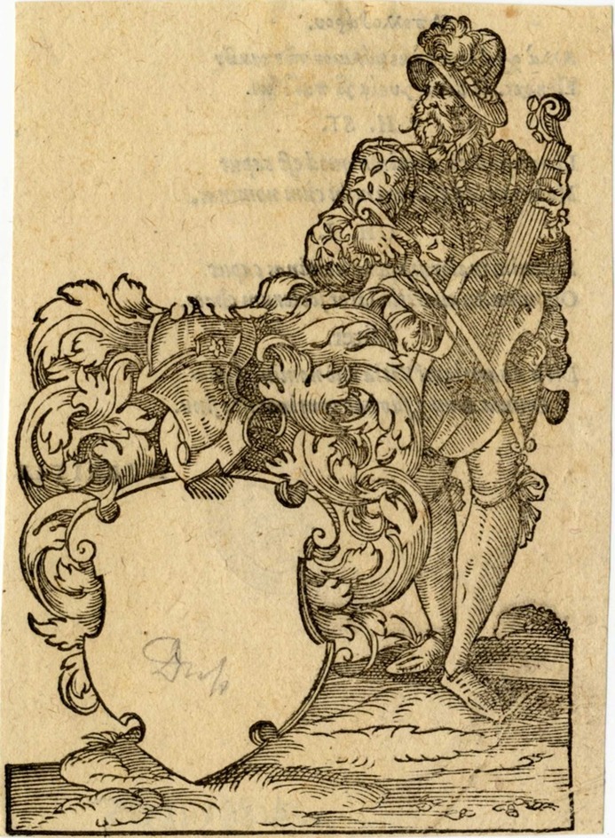 Recto: Empty shield, on the right a man playing a viola da gamba
Verso: Latin and Greek text