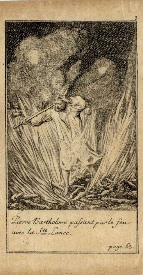 Pierre Bartholomi walking through the fire with the Saint Lance