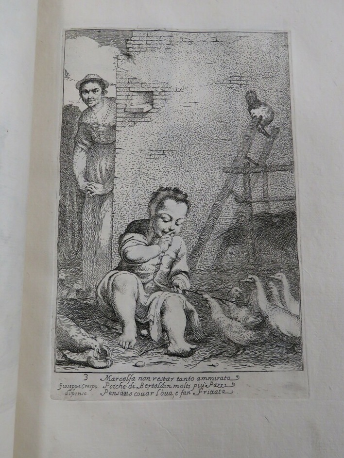 Plate 9: Marcolfa astonished to find Bertoldino incubating the eggs, from the set of 20 etchings of Bertoldo e Bertoldini